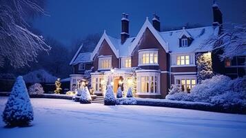 Christmas in the countryside manor, English country house mansion decorated for holidays on a snowy winter evening with snow and holiday lights, Merry Christmas and Happy Holidays photo