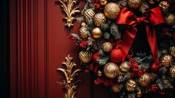 Christmas decoration details on English styled luxury high street city store door or shopping window display, holiday sale and shop decor photo