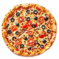 Pizza isolated on white background, online delivery from pizzeria, take away and fast food photo