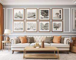 Gallery wall, home decor and wall art over sofa, framed art in modern English country cottage sitting room interior, living room for diy printable artwork and print shop photo