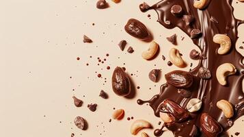 Nuts and chocolate splash, food dessert and confectionery industry photo