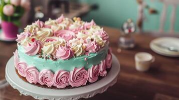 Birthday tablescape or candy bar with sweets, Birthday cake and cupcakes, beautiful party celebration photo