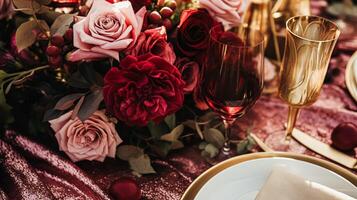 Boda y evento celebracion paisaje de mesa con flores, formal cena mesa ajuste con rosas y vino, elegante floral mesa decoración para cena fiesta y fiesta decoración, hogar peinado foto