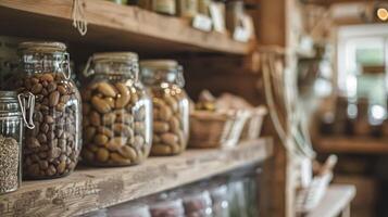 Details and products on shelves in the English counryside farm shop, small business, country style photo