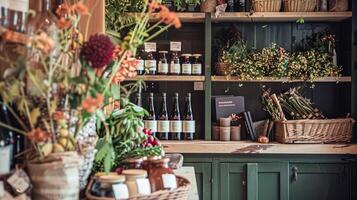 Details and products on shelves in the English counryside farm shop, small business, country style photo