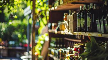 Details and products on shelves in the English counryside farm shop, small business, country style photo