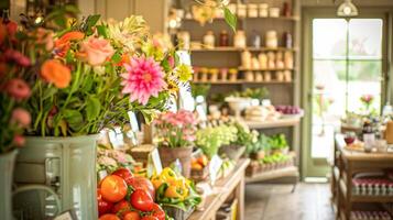 detalles y productos en estantería en el Inglés campo granja comercio, pequeño negocio, país estilo foto