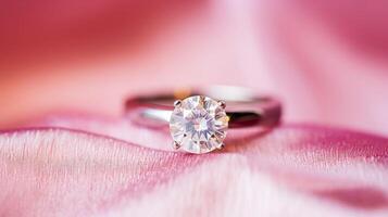 joyería, propuesta y fiesta regalo, diamante compromiso anillo en rosado seda tela, símbolo de amar, romance y compromiso foto