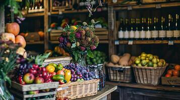 Details and products on shelves in the English counryside farm shop, small business, country style photo