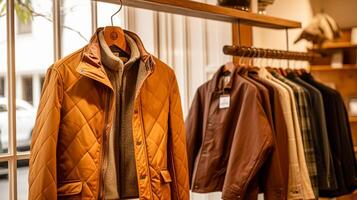 Menswear store in English countryside style, autumn winter clothing collection photo