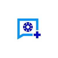 a blue and white logo with gears and a plus sign vector