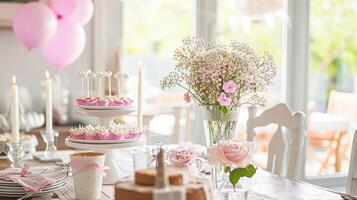 Birthday tablescape or candy bar with sweets, Birthday cake and cupcakes, beautiful party celebration photo