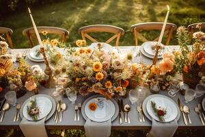 Autumn table scape, autumnal dinner table setting, holiday tablescape for wedding, birthday or party event celebration, photo