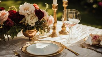 Wedding and event celebration tablescape with flowers, formal dinner table setting with roses and wine, elegant floral table decor for dinner party and holiday decoration, home styling photo