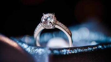Jewellery, proposal and holiday gift, diamond engagement ring, symbol of love, romance and commitment photo