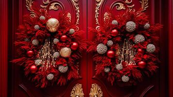 Christmas decoration details on English styled luxury high street city store door or shopping window display, holiday sale and shop decor photo