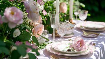 jardín fiesta paisaje de mesa, elegancia con floral mesa decoración foto