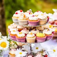 pastelitos, pasteles, bollos y magdalenas y fiesta decoración al aire libre a el Inglés país estilo jardín, dulce postres para boda, cumpleaños o fiesta celebracion, foto