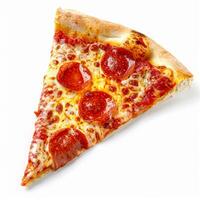 Pizza slice isolated on white background, online delivery from pizzeria, take away and fast food photo