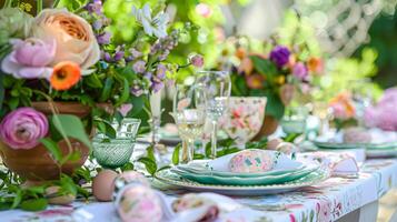 Easter tablescape decoration, floral holiday table decor for family celebration, spring flowers, Easter eggs, Easter bunny and vintage dinnerware, English country and home styling photo