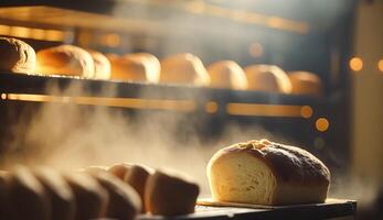 Bakery with hot fresh bread and pastry baking in the old town bakery, freshly baked products on shelves and the oven, small local business and food production photo