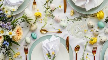 Easter tablescape decoration, floral holiday table decor for family celebration, spring flowers, Easter eggs, Easter bunny and vintage dinnerware, English country and home styling photo