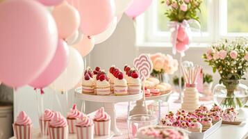 Birthday tablescape or candy bar with sweets, Birthday cake and cupcakes, beautiful party celebration photo