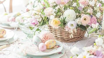 Easter tablescape decoration, floral holiday table decor for family celebration, spring flowers, Easter eggs, Easter bunny and vintage dinnerware, English country and home styling photo