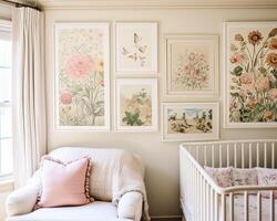 Nursery gallery wall, home decor and wall art, framed art in the English country cottage interior, room for diy printable artwork mockup and print shop photo