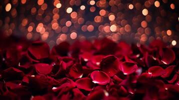 san valentin día antecedentes con rojo Rosa pétalos y bokeh luces, símbolo de amar, romance y compromiso foto