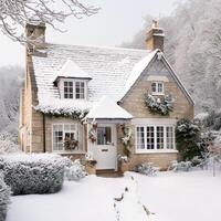 Beautiful country cottage decorated for Christmas on a snowy winter day, holiday and celebration, photo