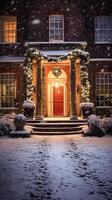 Navidad en el campo señorío, Inglés país casa mansión decorado para Días festivos en un Nevado invierno noche con nieve y fiesta luces, alegre Navidad y contento Días festivos foto