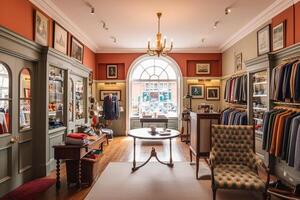 High street retail, small business and commercial interior, fashion store in the English countryside style, elegant country clothing shop showroom and luxurious boutique in the old town photo