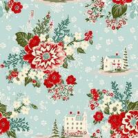 Seamless pattern, tileable Christmas holiday country house, floral dots print, English countryside for wallpaper, wrapping paper, scrapbook, fabric and product design photo