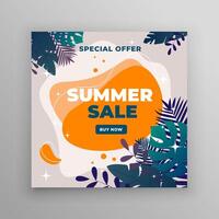 Summer sale social media template with flat leaf. vector