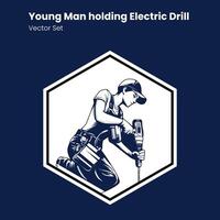 young man holding electric drill vector