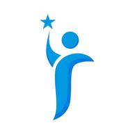 a blue person holding up a star logo vector