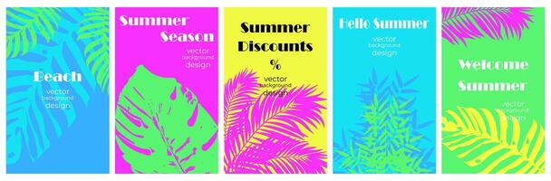 Summer backgrounds with tropical palm leaves. Design templates in minimalist modern art style. Jungle and beach theme. illustration vector