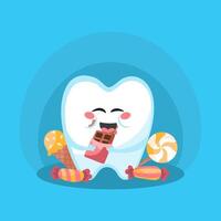 Kawaii cute tooth cartoon character eating sweets and candies vector