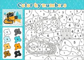 Car themed coloring page by number for kids with bulldozer clearing snow away vector