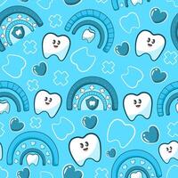 Kawaii seamless pattern with cute tooth character with cozy ranbow vector