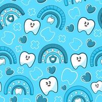 Kawaii seamless pattern with cute tooth character with cozy ranbow vector