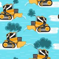 Yellow track-type tractor or bulldozer removing snow seamless pattern vector