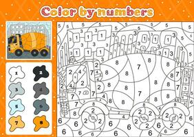 Car themed coloring page by number for kids with concerete mixer vector