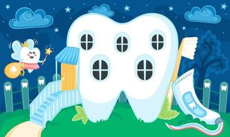 Cute kawaii tooth shaped house with tooth fairy flying to home vector