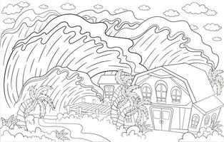 Natural disaster tsunami, huge ocean waves coloring page vector