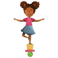 Little Afro American girl practicing yoga with tree pose on balancing shapes vector