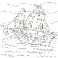 Sea vessel, viking sailing boat coloring page for kids and adults vector