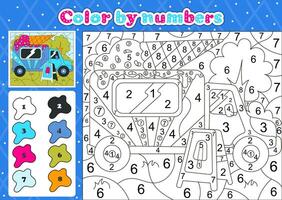 Car themed coloring page by number for kids with ice cream food truck vector