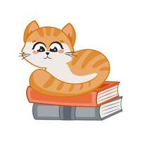 linda rojo gato personaje tendido en el apilar de libros vector